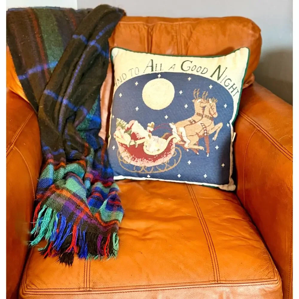 Vintage Christmas Tapestry Pillow | Santa Sleigh, Reindeer, Moon | Holiday